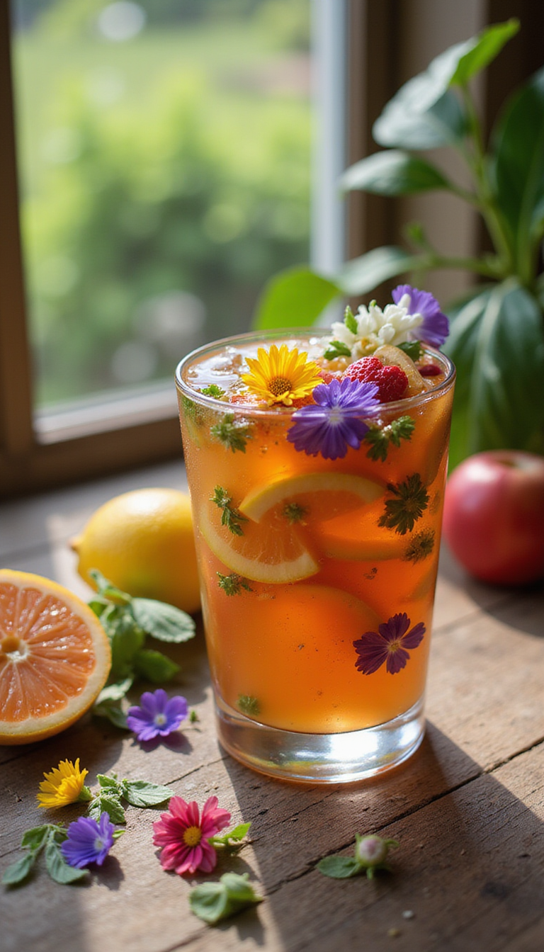 A vibrant, colorful glass of floral sangria filled with slices of fresh citrus, berries, edible flowers, and herbs on a rustic wooden table, bathed in natural sunlight, evoking a summery, inviting atmosphere.