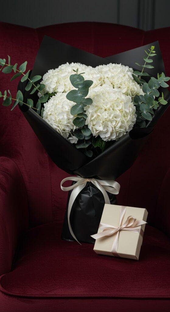 A close-up of a beautiful bouquet of white hydrangeas and eucalyptus, wrapped in sleek black paper, resting on a plush velvet chair alongside a small, elegantly wrapped gift box.