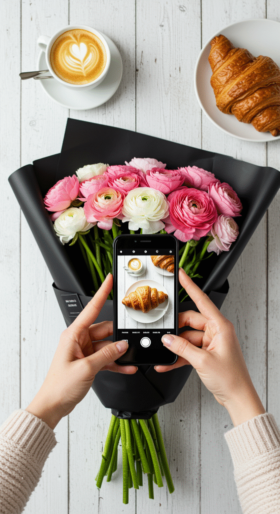 A vibrant bouquet of ranunculus flowers wrapped in sleek black paper, positioned on a white wooden surface. A smartphone is capturing the scene, with a coffee cup and a croissant nearby, creating an inviting, styled flat lay composition.