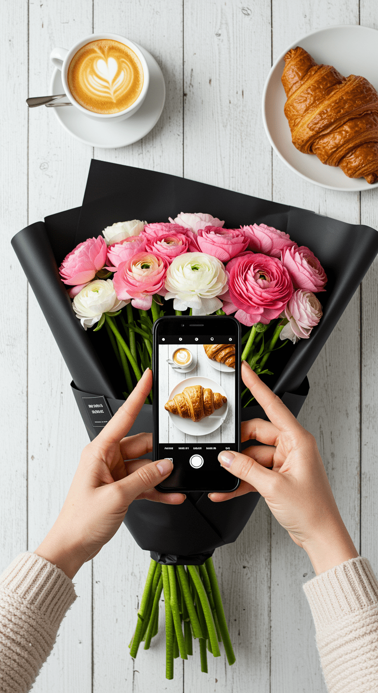 A vibrant bouquet of ranunculus flowers wrapped in sleek black paper, positioned on a white wooden surface. A smartphone is capturing the scene, with a coffee cup and a croissant nearby, creating an inviting, styled flat lay composition.