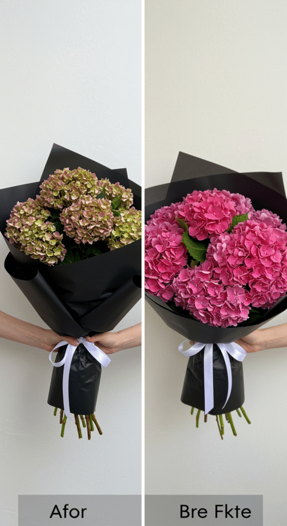 A split-screen image showing a slightly droopy bouquet of hydrangeas wrapped in black paper on the left, and a fresh, vibrant bouquet of the same flowers on the right. The left side features wilted, drooping flowers with faded colors, while the right side displays healthy, lively blooms with bright hues, emphasizing the transformation.
