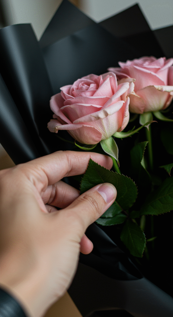 A close-up of a hand gently inspecting the petals and stems of a vibrant red rose in a bouquet wrapped in black paper, highlighting the flower's freshness and crispness