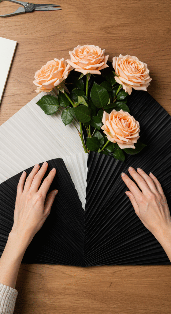 Top-down view of hands expertly pleating and folding sheets of matte black and translucent white paper around a bouquet of peach-colored roses, showcasing intricate wrapping techniques.