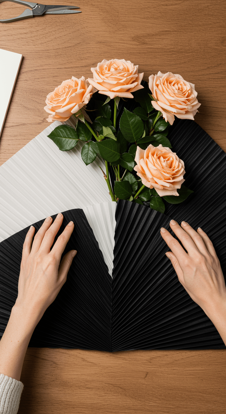 Top-down view of hands expertly pleating and folding sheets of matte black and translucent white paper around a bouquet of peach-colored roses, showcasing intricate wrapping techniques.