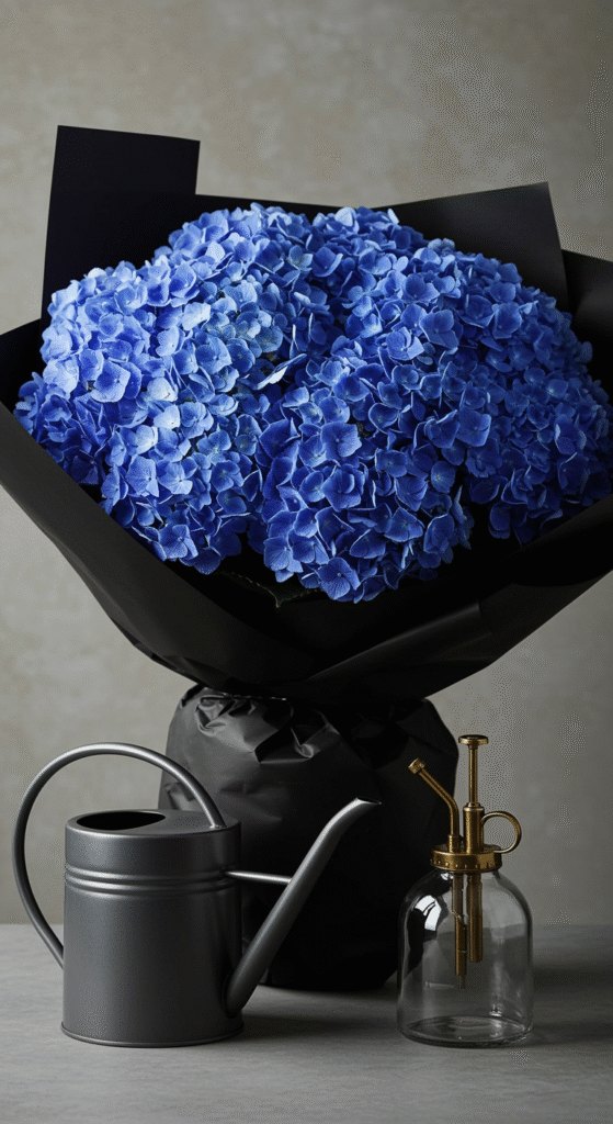 A large, lush bouquet of vibrant blue hydrangeas with delicate, rounded flower clusters, wrapped in sleek black paper. Positioned nearby is a stylish watering can and a silver plant mister, highlighting the flowers' need for hydration. The scene is set against a softly blurred background, emphasizing freshness and vitality.
