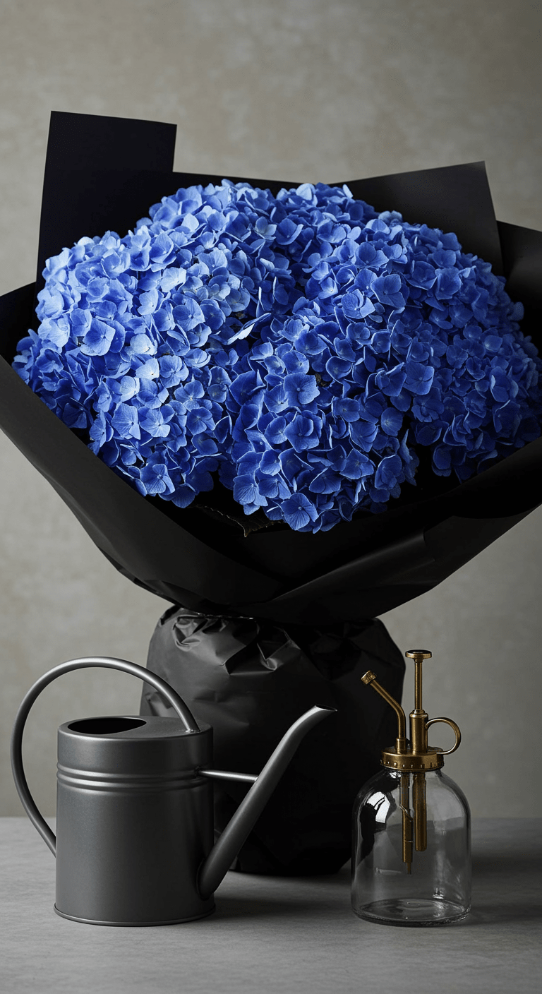 A large, lush bouquet of vibrant blue hydrangeas with delicate, rounded flower clusters, wrapped in sleek black paper. Positioned nearby is a stylish watering can and a silver plant mister, highlighting the flowers' need for hydration. The scene is set against a softly blurred background, emphasizing freshness and vitality.