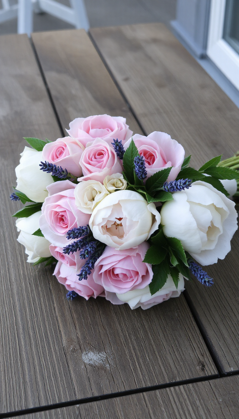 A close-up of a romantic summer bridal bouquet featuring blush pink roses, white peonies, and sprigs of lavender, arranged in a loose, airy style with green foliage, set against a blurred outdoor garden background. The flowers are fresh, vibrant, and evoke a soft, romantic mood.