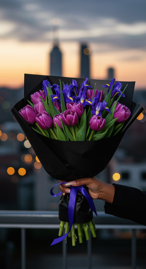 A woman's hand holding a striking bouquet of vibrant purple tulips and irises wrapped in black paper against a blurred cityscape background, exuding strength and confidence.