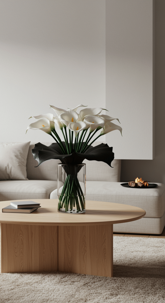 A sleek bouquet of white calla lilies wrapped in black paper, prominently displayed on a light oak coffee table in a minimalist Scandinavian-style living room. The room features clean lines, neutral tones, and modern furniture, emphasizing simplicity and elegance.
