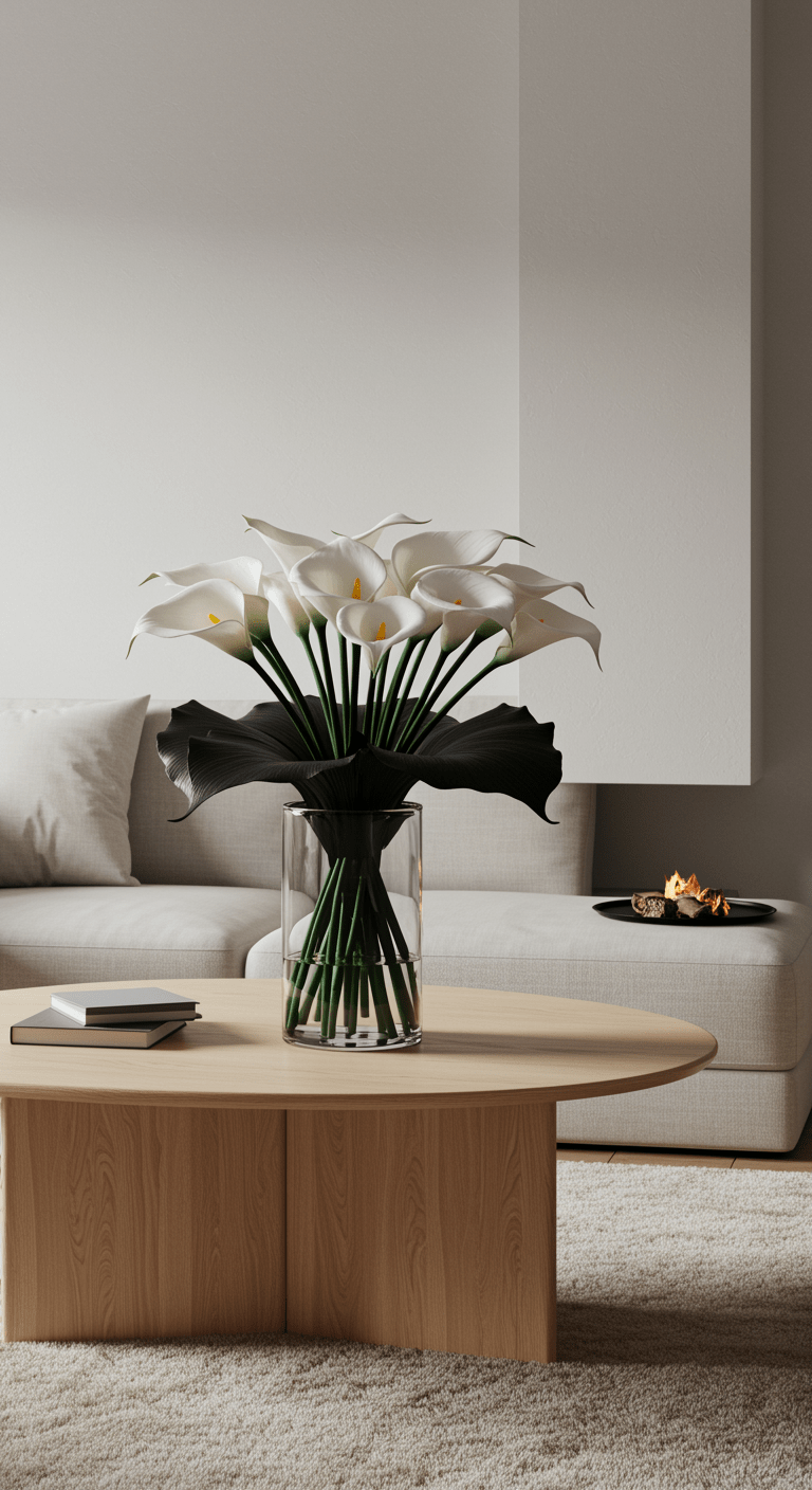 A sleek bouquet of white calla lilies wrapped in black paper, prominently displayed on a light oak coffee table in a minimalist Scandinavian-style living room. The room features clean lines, neutral tones, and modern furniture, emphasizing simplicity and elegance.