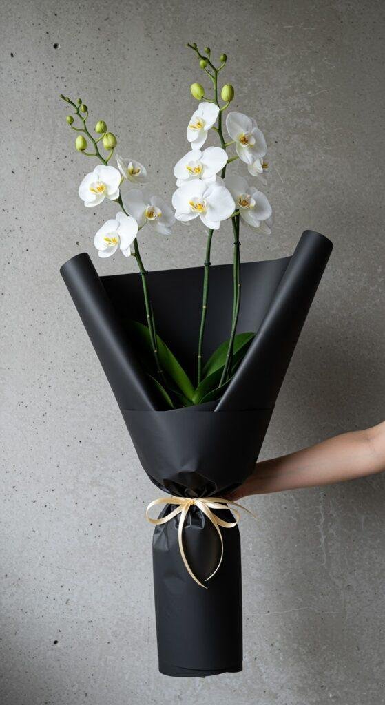 A bouquet of three long-stemmed white orchids wrapped in a large black paper sheet, tied with a natural twine ribbon, held against a plain concrete wall, showcasing minimalist floral elegance.