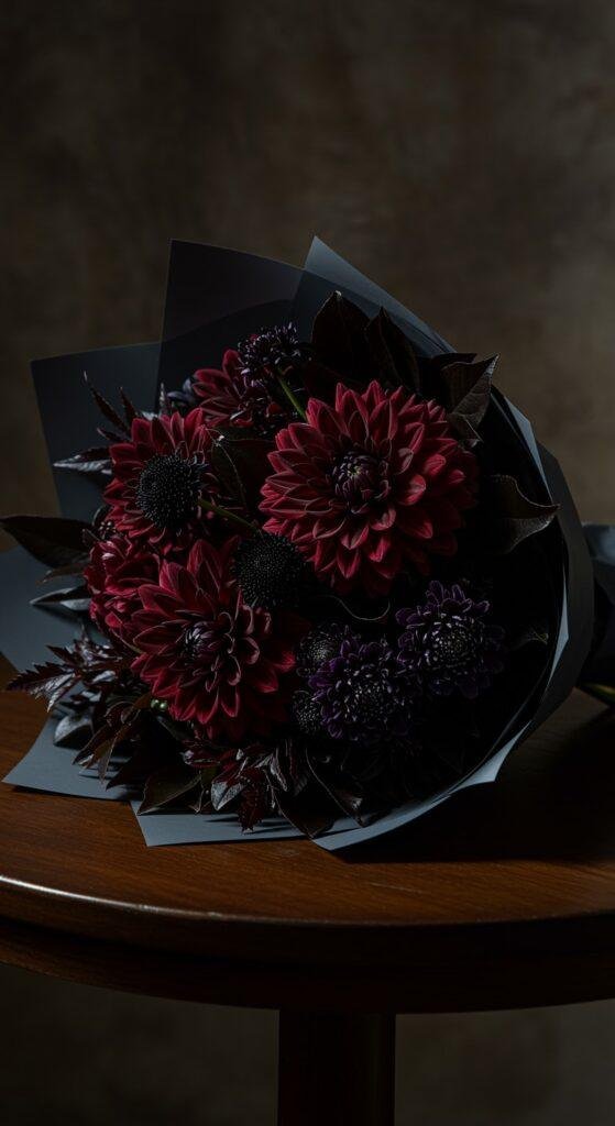 A photorealistic bouquet featuring deep burgundy dahlias, black scabiosa flowers, and dark foliage wrapped in charcoal grey paper, set on a dark wood table with dramatic chiaroscuro lighting creating high contrast and shadowed ambiance.