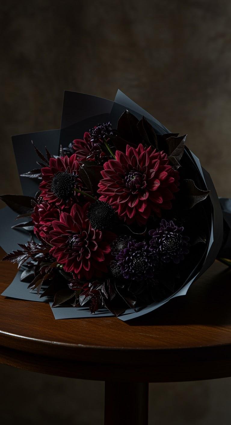 A photorealistic bouquet featuring deep burgundy dahlias, black scabiosa flowers, and dark foliage wrapped in charcoal grey paper, set on a dark wood table with dramatic chiaroscuro lighting creating high contrast and shadowed ambiance.