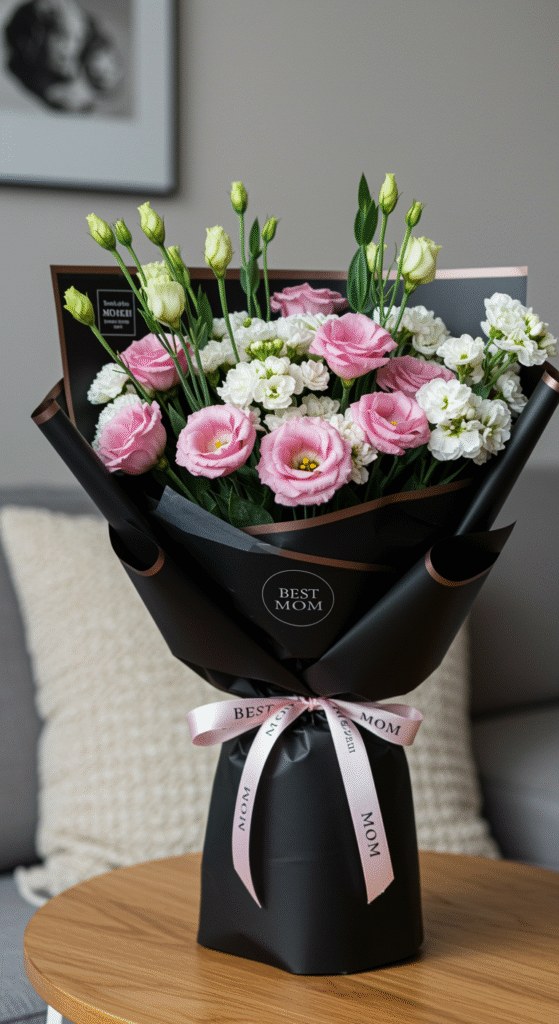 A soft, elegant bouquet featuring pink lisianthus and white stock flowers, wrapped in black paper with a ribbon saying 'Best Mom,' placed in a warm, cozy living room setting