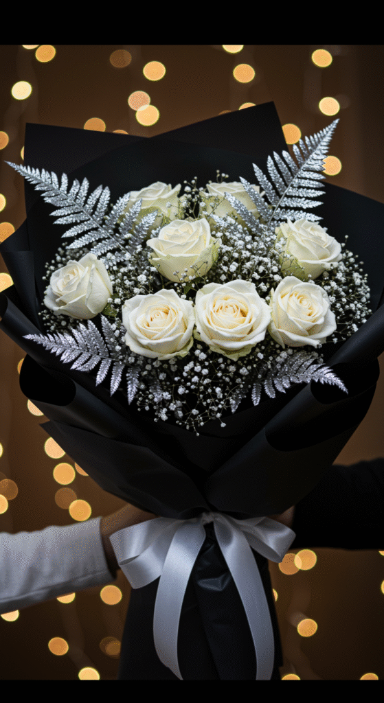 A festive bouquet featuring white roses and delicate baby's breath, accented with shimmering silver-painted ferns, wrapped in elegant black paper. The background showcases sparkling bokeh lights, enhancing the celebratory mood.
