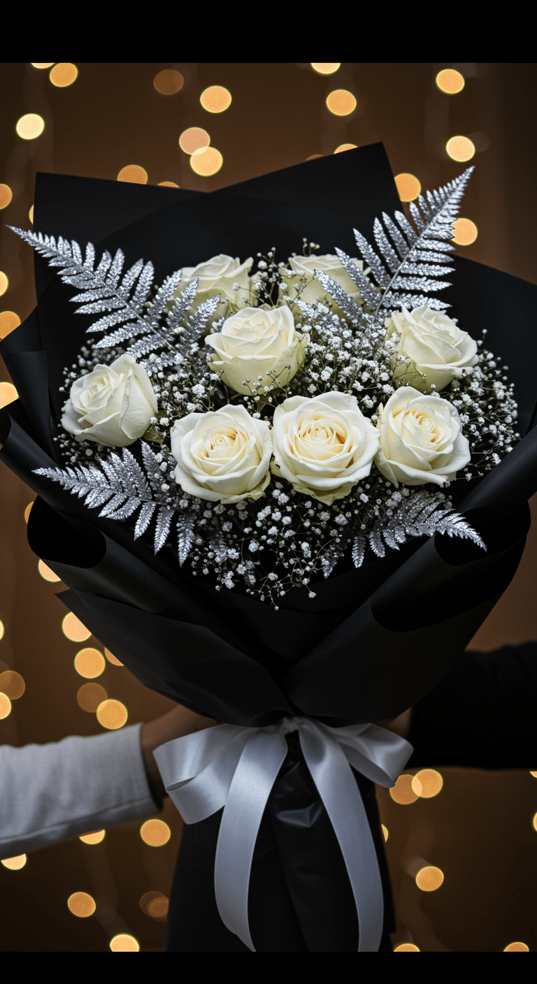 A festive bouquet featuring white roses and delicate baby's breath, accented with shimmering silver-painted ferns, wrapped in elegant black paper. The background showcases sparkling bokeh lights, enhancing the celebratory mood.