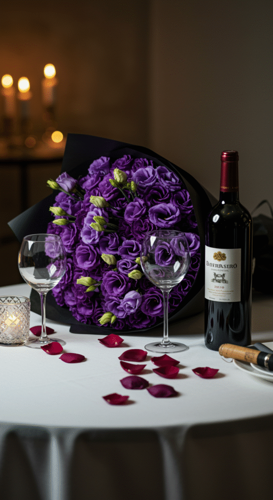 A sophisticated bouquet of deep purple lisianthus flowers wrapped in elegant black paper sits beside a bottle of red wine and two wine glasses on a romantic table setting, evoking an intimate gift scene.