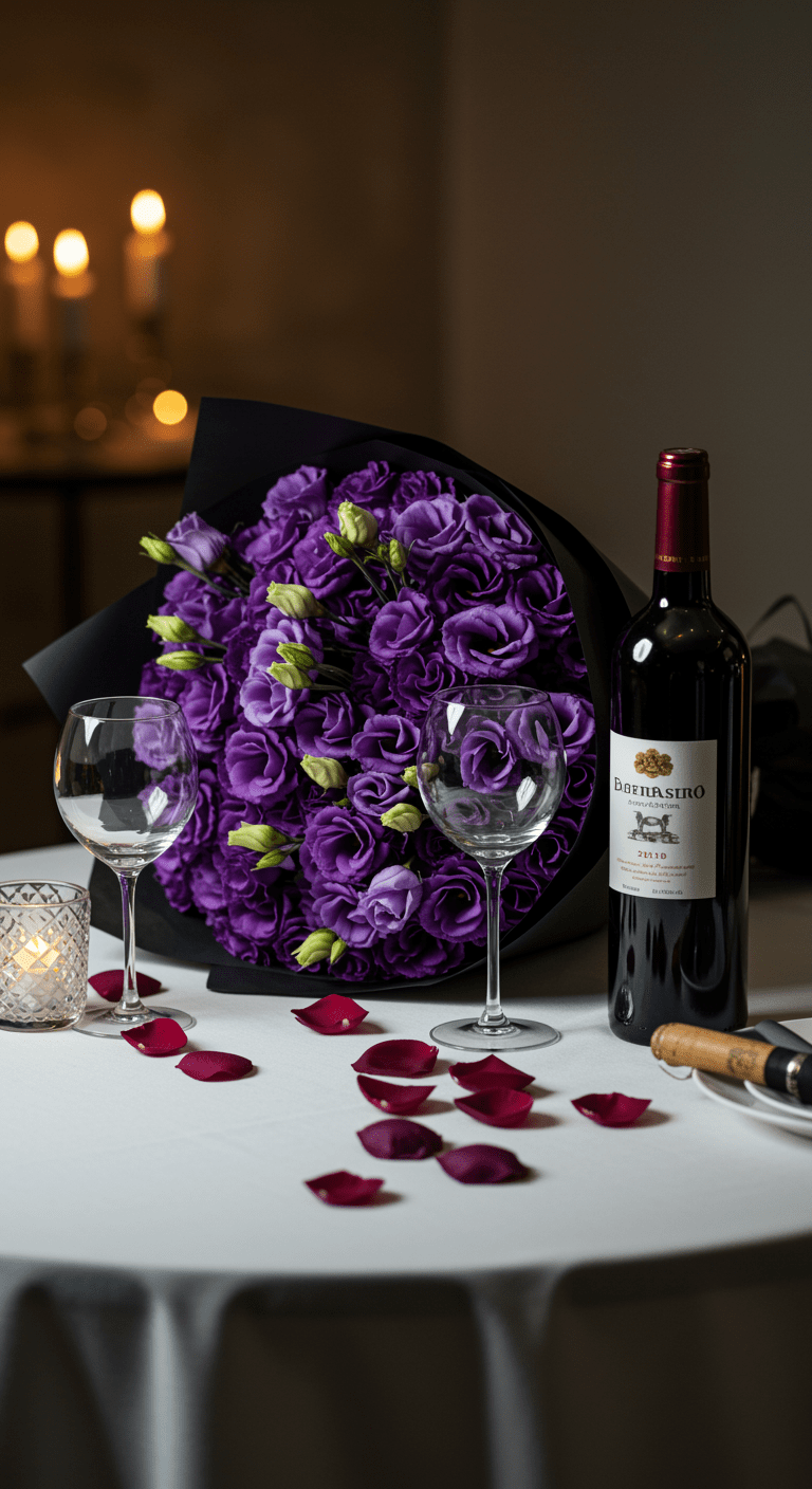 A sophisticated bouquet of deep purple lisianthus flowers wrapped in elegant black paper sits beside a bottle of red wine and two wine glasses on a romantic table setting, evoking an intimate gift scene.