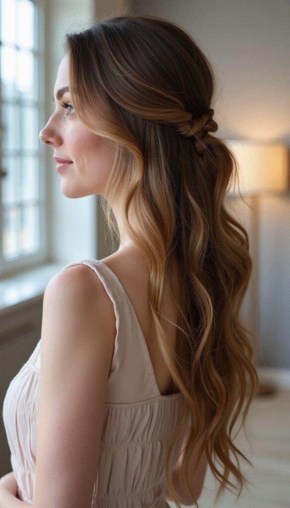 A woman with long, flowing hair demonstrating a quick 10-minute hairstyle. She stands in a bright room with natural light, showcasing a practical yet stylish updo, with her hair neatly gathered and styled for everyday elegance.
