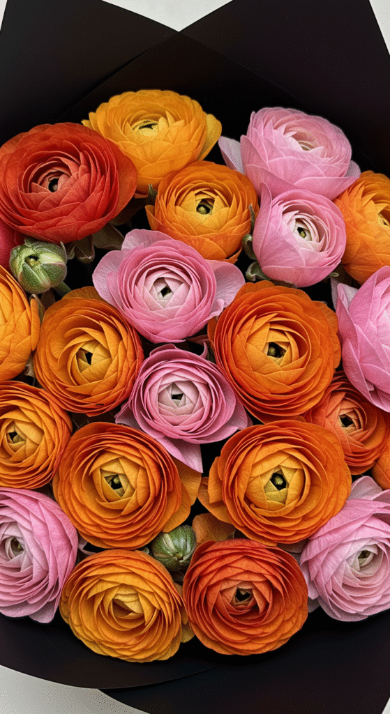 Close-up of a vibrant bouquet of ranunculus flowers, tightly packed with swirling petals in shades of orange and pink, wrapped in black paper. Soft light highlights the intricate petal details and rich colors.