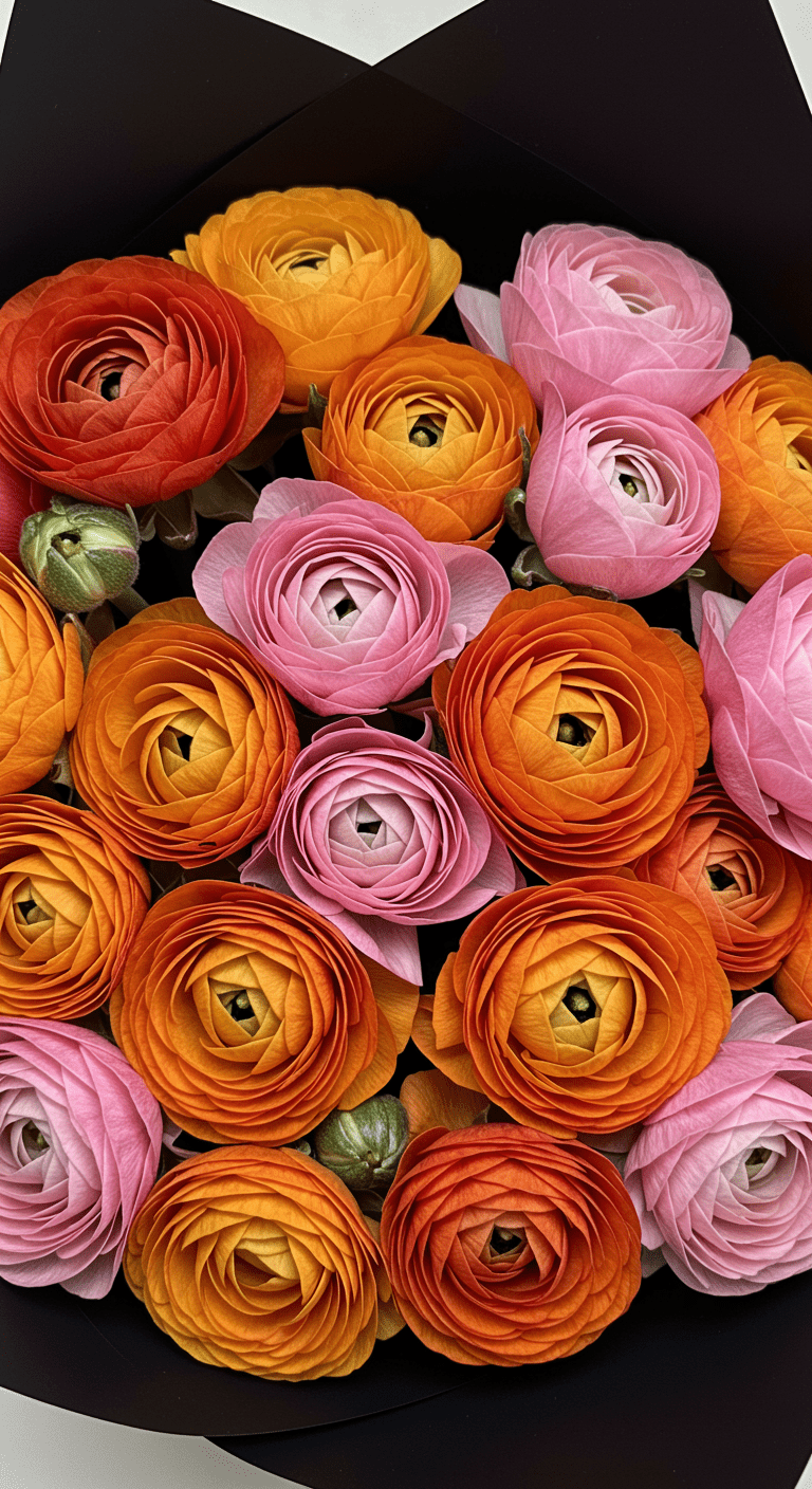Close-up of a vibrant bouquet of ranunculus flowers, tightly packed with swirling petals in shades of orange and pink, wrapped in black paper. Soft light highlights the intricate petal details and rich colors.
