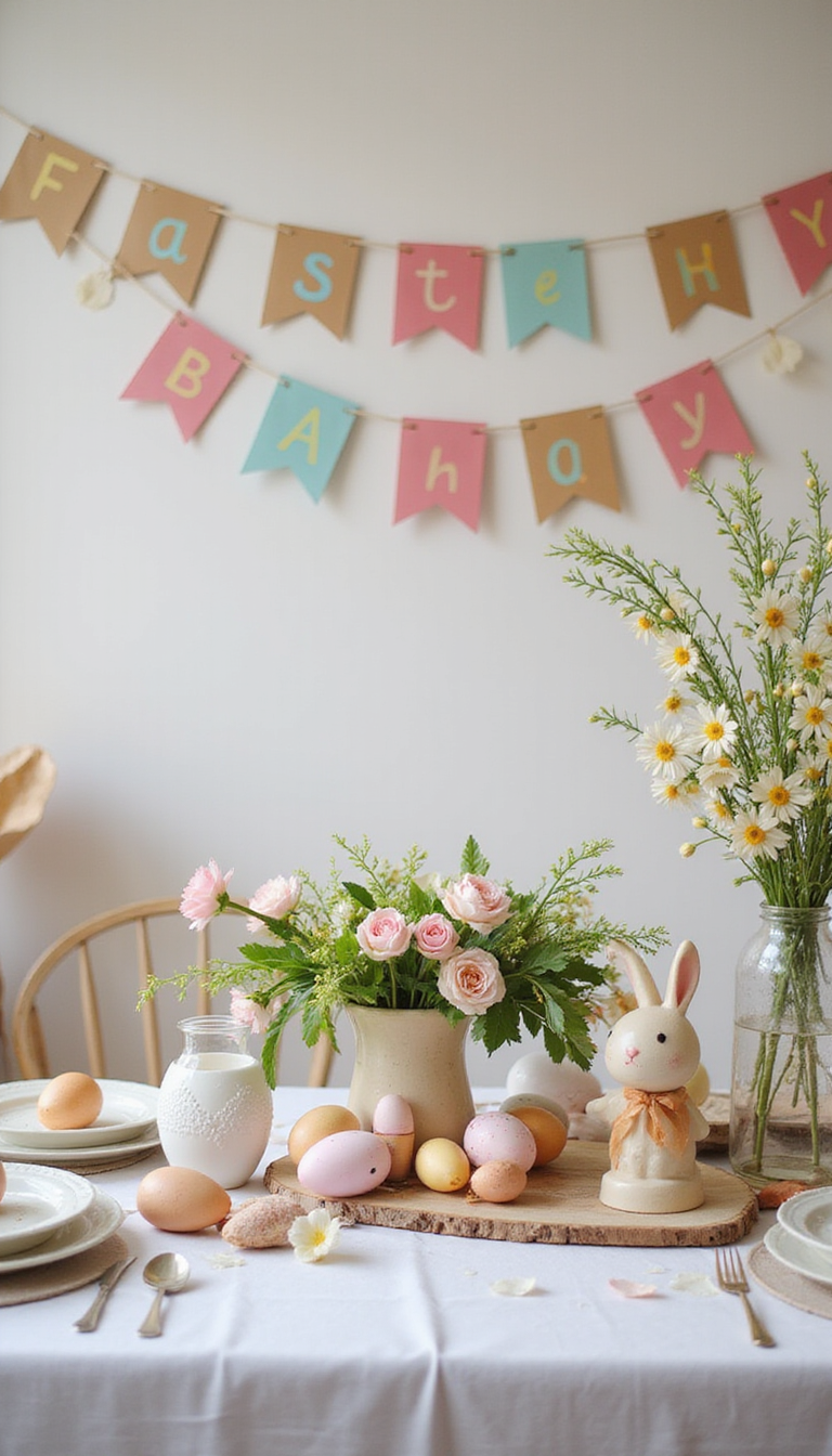 A vibrant and festive Easter party scene featuring handmade decorations such as bunny-shaped banners, colorful eggs, and floral centerpieces arranged on a decorated table. Bright pastel colors dominate, with playful bunny ears and spring-themed accents creating a cheerful atmosphere.