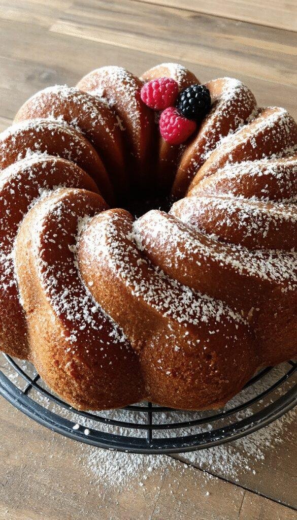 A golden-brown Bundt cake with intricate patterns on a white serving plate, garnished with fresh berries and powdered sugar, set against a rustic wooden table with soft natural lighting.