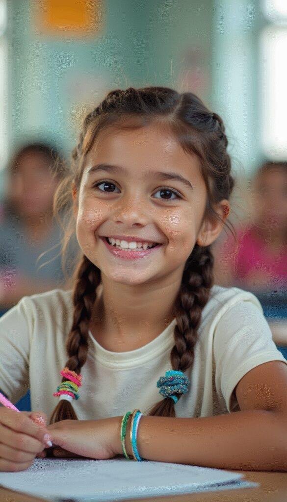 A vibrant image showcasing a teenager with a trendy braided hairstyle adorned with colorful hair accessories, standing against a bright classroom backdrop with a cheerful smile.