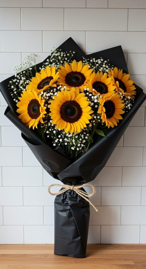A stylish bouquet of sunflowers with dark centers, accented by delicate white solidago flowers, wrapped in black craft paper and tied with natural jute twine, leaning against a sleek white subway tile wall in a contemporary kitchen setting.