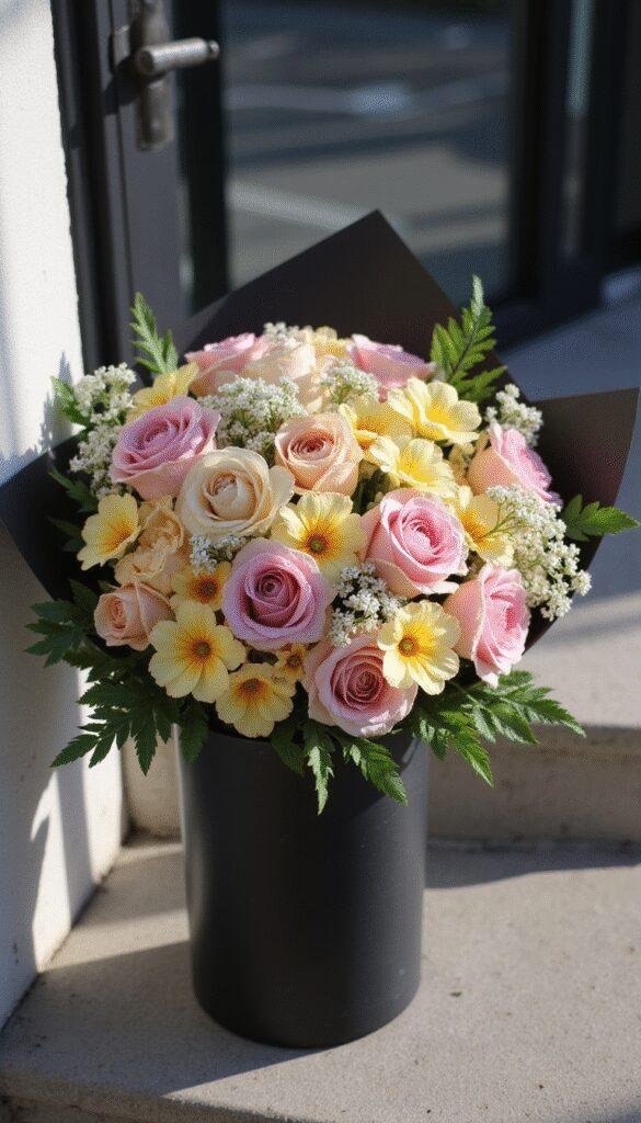 A photorealistic image of a stunning bouquet of mixed pastel-colored ranunculus and freesias, wrapped in black paper, resting on a modern doorstep. Morning sunlight casts long shadows across the scene, highlighting the delicate petals and vibrant colors of the flowers.