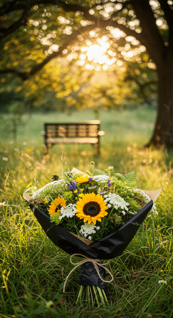 A rustic-chic bouquet of locally-sourced wildflowers and lush greenery, wrapped in recycled black paper and secured with natural jute twine, set against an outdoor, natural background.