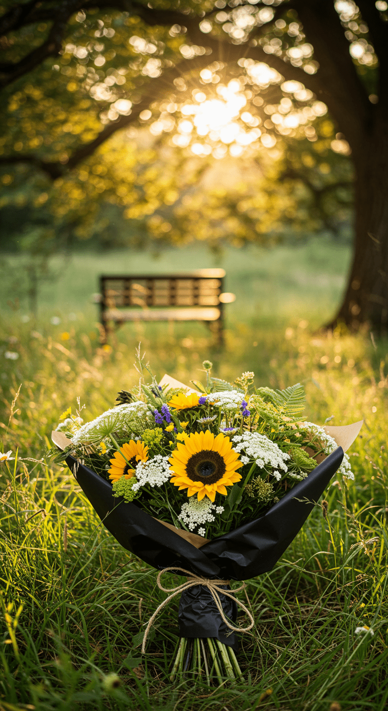 A rustic-chic bouquet of locally-sourced wildflowers and lush greenery, wrapped in recycled black paper and secured with natural jute twine, set against an outdoor, natural background.