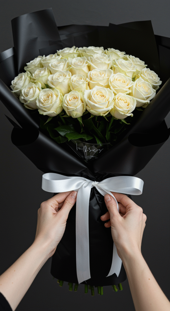 Close-up of hands gently untied a white ribbon on a large bouquet of cream roses wrapped in black paper, highlighting the textures of the silk ribbon and lush petals, conveying anticipation and elegance.