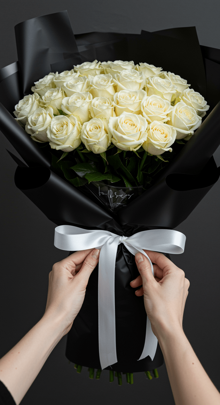 Close-up of hands gently untied a white ribbon on a large bouquet of cream roses wrapped in black paper, highlighting the textures of the silk ribbon and lush petals, conveying anticipation and elegance.