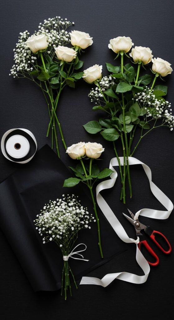 A flat-lay photograph showing a deconstructed bouquet with loose cream roses and baby's breath arranged neatly beside black wrapping paper, a white ribbon, and florist's shears on a dark work surface.