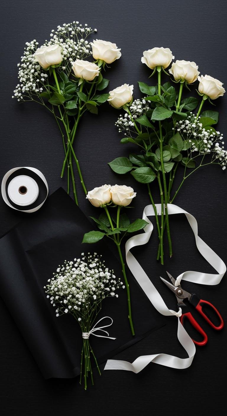 A flat-lay photograph showing a deconstructed bouquet with loose cream roses and baby's breath arranged neatly beside black wrapping paper, a white ribbon, and florist's shears on a dark work surface.