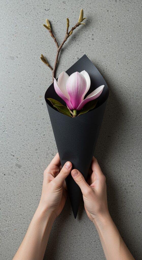 A single, perfect magnolia blossom with soft white petals and a subtle pink hue at the center, mounted on a long green stem, wrapped in matte black paper shaped into a cone. Held delicately by two hands with neatly manicured nails, photographed from above against a clean, minimalist concrete background.
