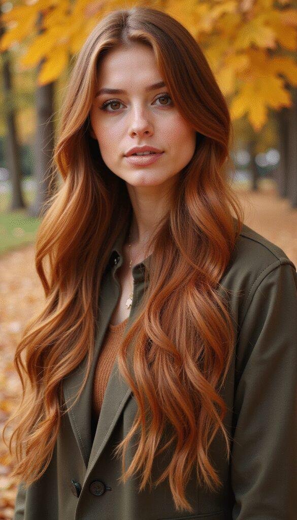 A vibrant image featuring a woman with rich brown skin and long, flowing hair styled in warm, autumn-inspired hues such as caramel, auburn, and chestnut, against a background of falling leaves in shades of orange, yellow, and deep red. The soft lighting highlights the shine and depth of her hair color, emphasizing warmth and elegance.