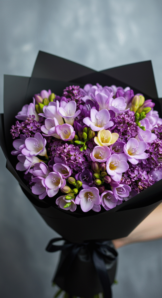 A close-up of a vibrant bouquet featuring fragrant lilac, lavender, and freesia blooms wrapped in black paper. The flowers are sharply focused, showcasing their delicate petals and rich colors, against a soft, dreamy background that hints at a wonderful, enticing scent.