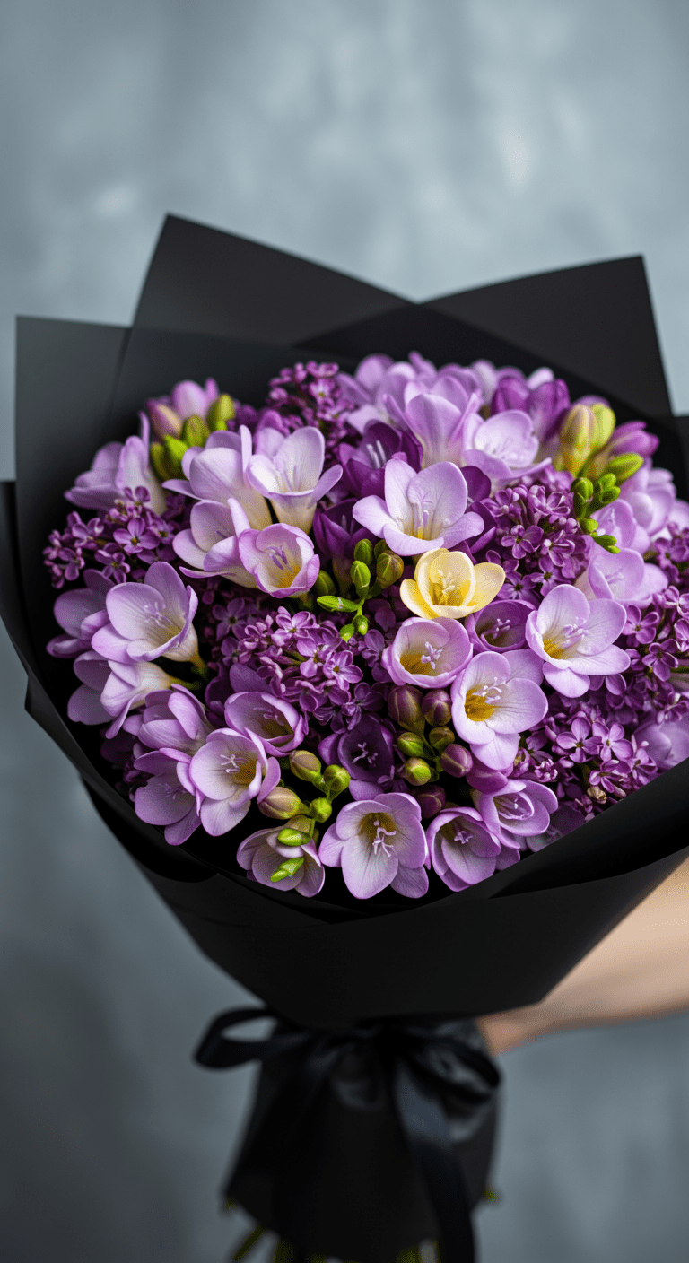 A close-up of a vibrant bouquet featuring fragrant lilac, lavender, and freesia blooms wrapped in black paper. The flowers are sharply focused, showcasing their delicate petals and rich colors, against a soft, dreamy background that hints at a wonderful, enticing scent.