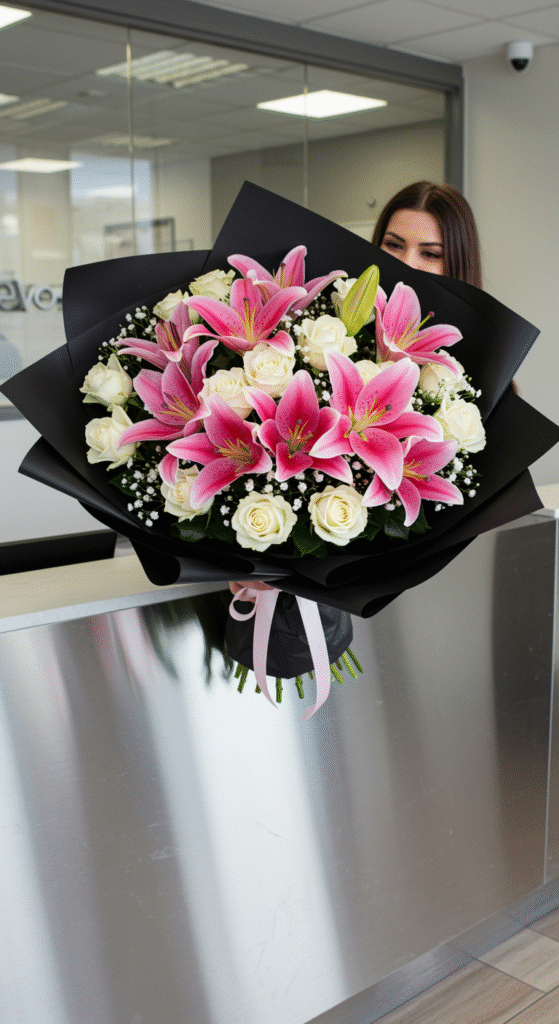 An overflowing, luxurious bouquet featuring pink Stargazer lilies and white roses, wrapped in multiple layers of black paper, is being presented at an office reception desk. The bouquet radiates elegance and gratitude, with vibrant colors contrasted against the dark wrapping, creating a striking visual.