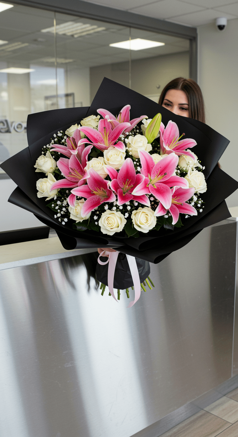 An overflowing, luxurious bouquet featuring pink Stargazer lilies and white roses, wrapped in multiple layers of black paper, is being presented at an office reception desk. The bouquet radiates elegance and gratitude, with vibrant colors contrasted against the dark wrapping, creating a striking visual.