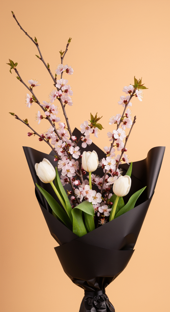 A delicate cherry blossom bouquet featuring pink blossoms intertwined with a few pristine white tulips, wrapped in sleek black paper. The arrangement is illuminated by soft, ethereal light, creating a gentle glow against a clean, bright background. The flowers appear fresh and fragile, capturing the fleeting essence of spring's beauty.