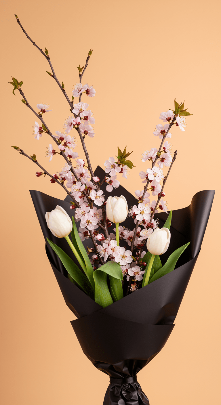 A delicate cherry blossom bouquet featuring pink blossoms intertwined with a few pristine white tulips, wrapped in sleek black paper. The arrangement is illuminated by soft, ethereal light, creating a gentle glow against a clean, bright background. The flowers appear fresh and fragile, capturing the fleeting essence of spring's beauty.