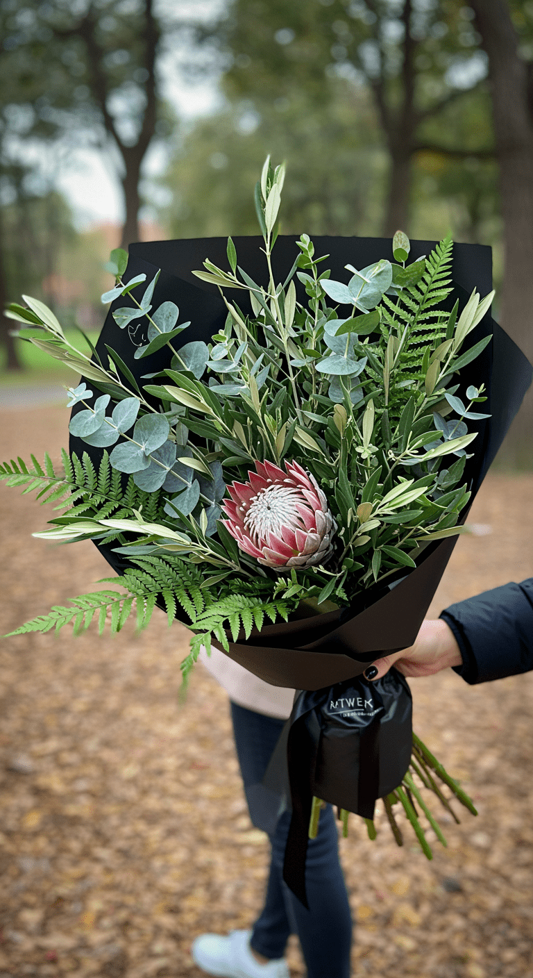 A lush, textured bouquet composed entirely of various eucalyptus leaves, ferns, and olive branches wrapped in black paper. The bouquet is being held by a person walking through a park, with greenery and trees in the background, creating a vibrant, nature-inspired, chic vibe.