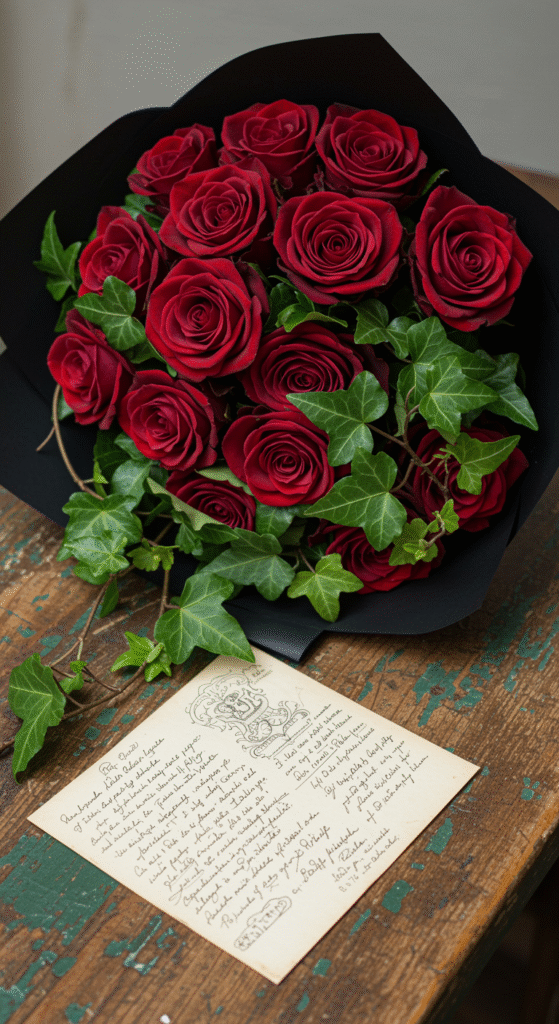 A classic bouquet of deep red roses and green ivy, arranged in a modern style with sleek black paper wrapping, placed beside a vintage-style handwritten letter on textured paper.
