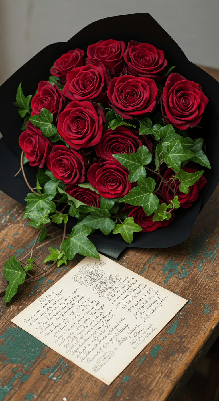 A classic bouquet of deep red roses and green ivy, arranged in a modern style with sleek black paper wrapping, placed beside a vintage-style handwritten letter on textured paper.
