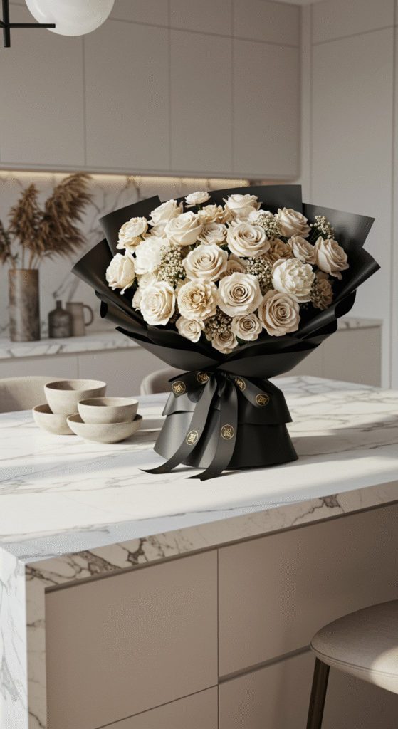 An elegant, welcoming bouquet of neutral-toned flowers wrapped in black paper with a branded ribbon, placed prominently on a kitchen island in a modern, pristine apartment.