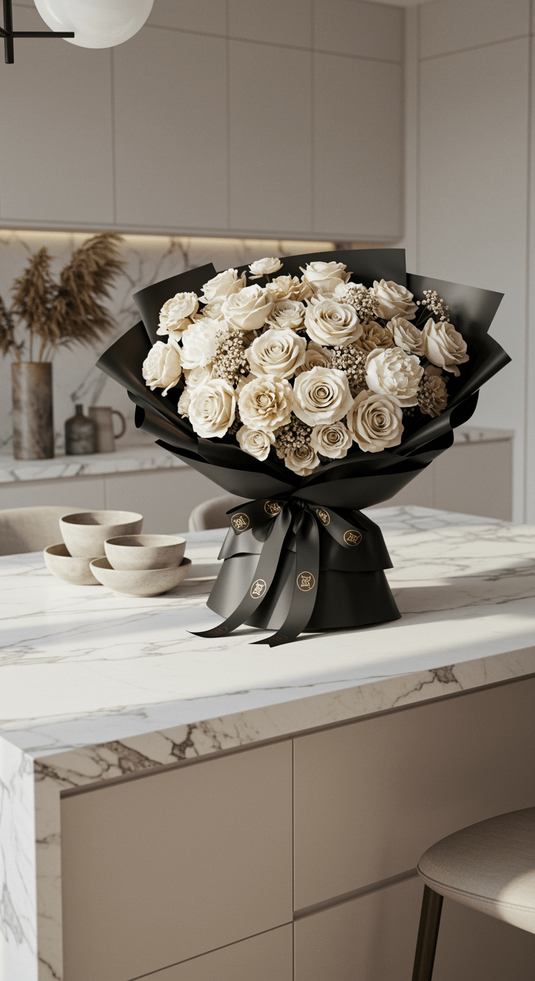 An elegant, welcoming bouquet of neutral-toned flowers wrapped in black paper with a branded ribbon, placed prominently on a kitchen island in a modern, pristine apartment.