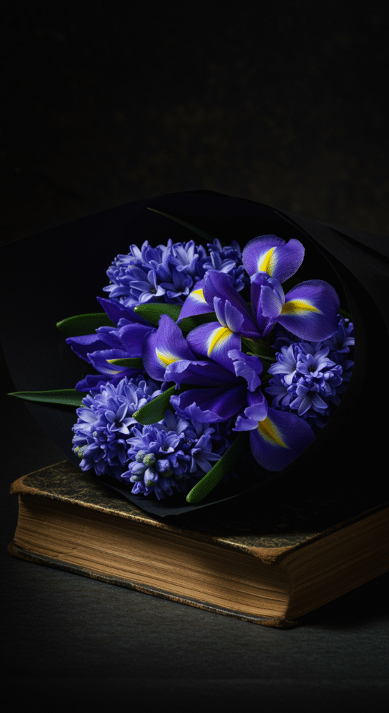 A mysterious bouquet featuring deep purple irises and vibrant blue hyacinths, symbolizing wisdom and sincerity, wrapped in sleek black paper. The bouquet rests on an open antique book, illuminated by moody, dramatic lighting that enhances the rich colors and intricate textures of the flowers and aged pages.